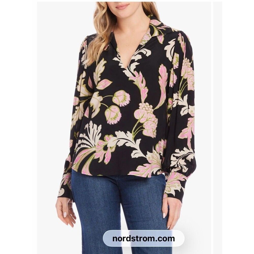 NWT Karen Kane Blouson Top size Medium Black Floral V-Neck Long-Sleeve Blouse